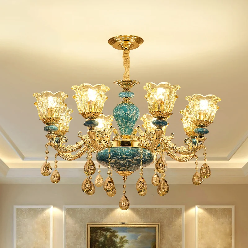 Lustre à fleurs à 2 couches, finition dorée vintage, plafonnier suspendu en verre transparent Clearhalo