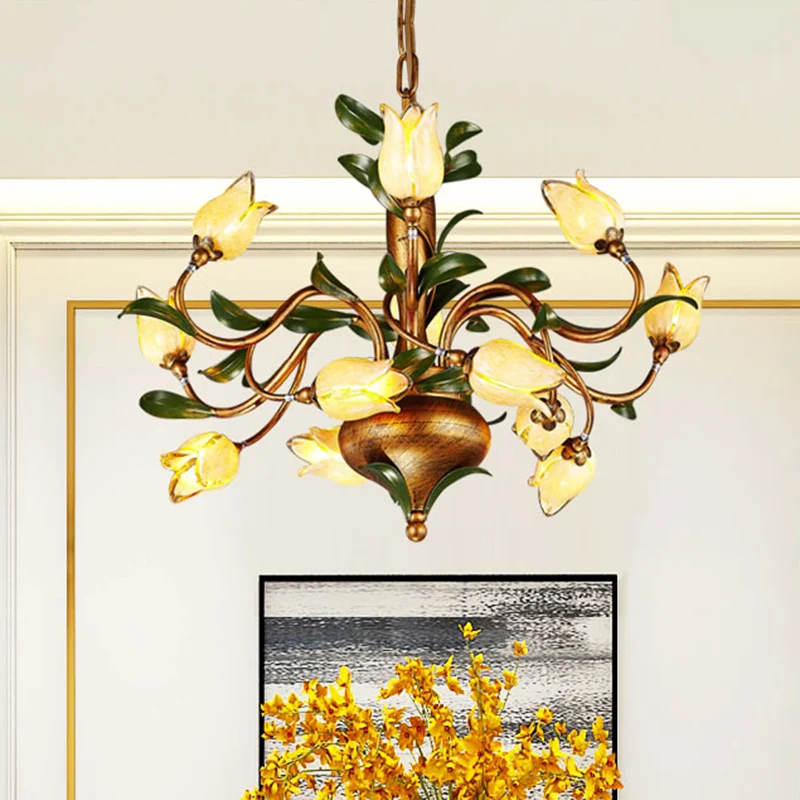 Lustre à fleurs traditionnel, luminaire de plafond à 12 têtes en verre sablé, plafonnier en laiton Clearhalo