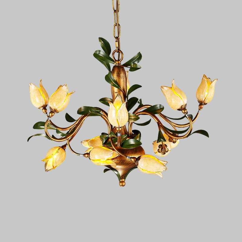 Lustre à fleurs traditionnel, luminaire de plafond à 12 têtes en verre sablé, plafonnier en laiton Clearhalo