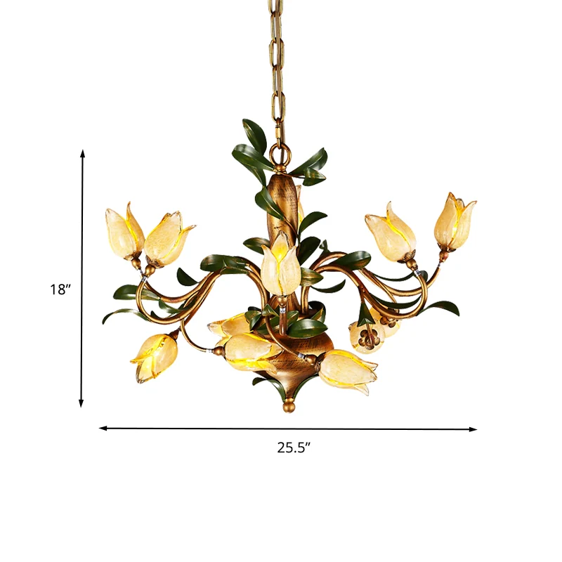 Lustre à fleurs traditionnel, luminaire de plafond à 12 têtes en verre sablé, plafonnier en laiton Clearhalo