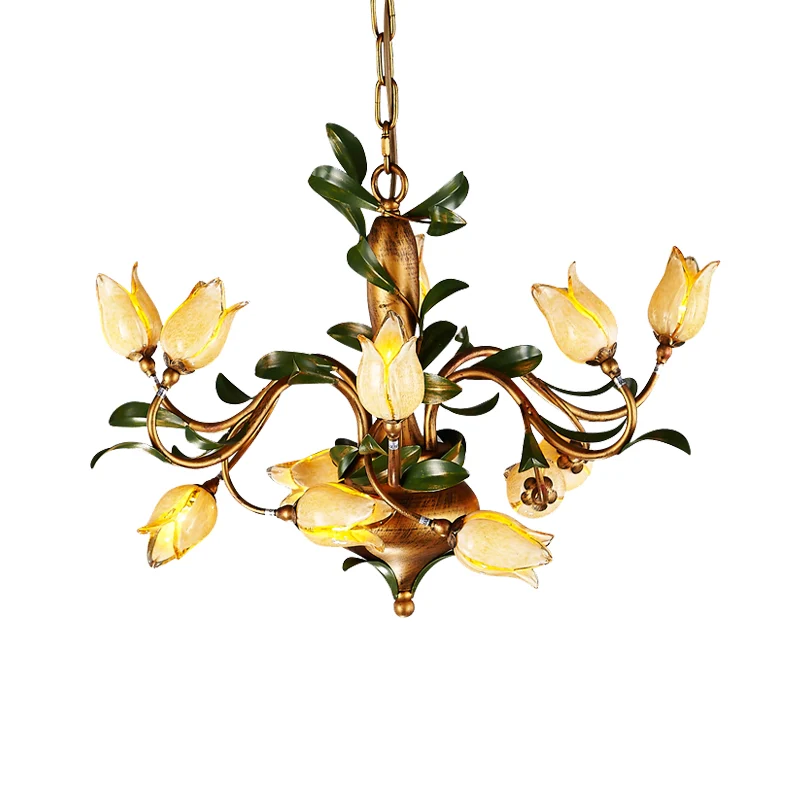 Lustre à fleurs traditionnel, luminaire de plafond à 12 têtes en verre sablé, plafonnier en laiton Clearhalo
