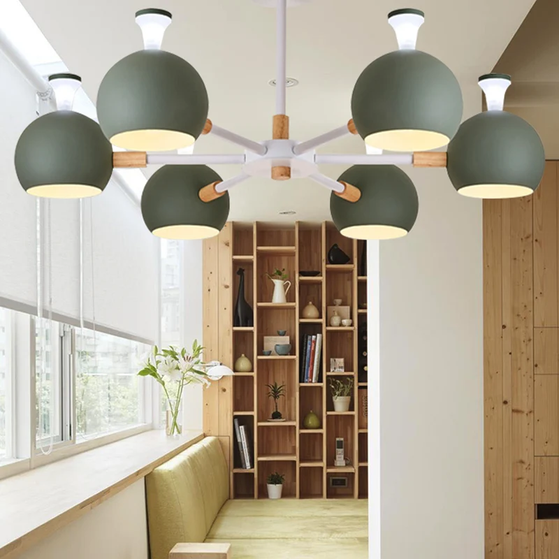 Lustre flocon de neige pour salle de soins infirmiers, avec abat-jour sphérique, pendentif de plafond à 6 têtes en bois Cl...