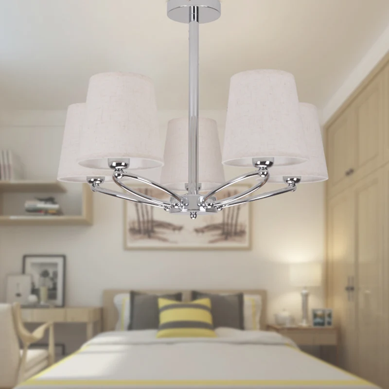 Lustre en forme de baril chromé, lampe moderniste, 5 lumières, Kit de suspension en tissu pour chambre à coucher Clearhalo
