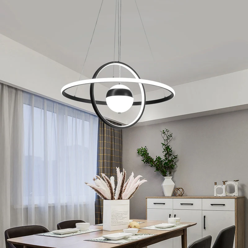 Lustre en forme de boule et d'anneau, luminaire suspendu minimaliste en acrylique noir au-dessus de la table Clearhalo
