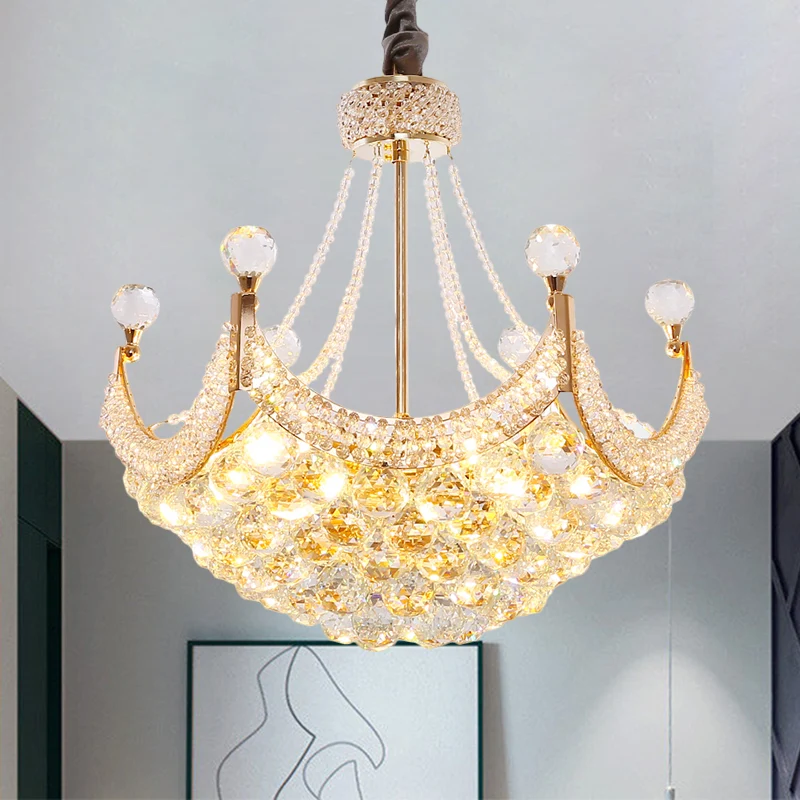 Lustre en forme de dôme avec boules de cristal, éclairage contemporain, luminaire de plafond doré à 6 ampoules Clearhalo