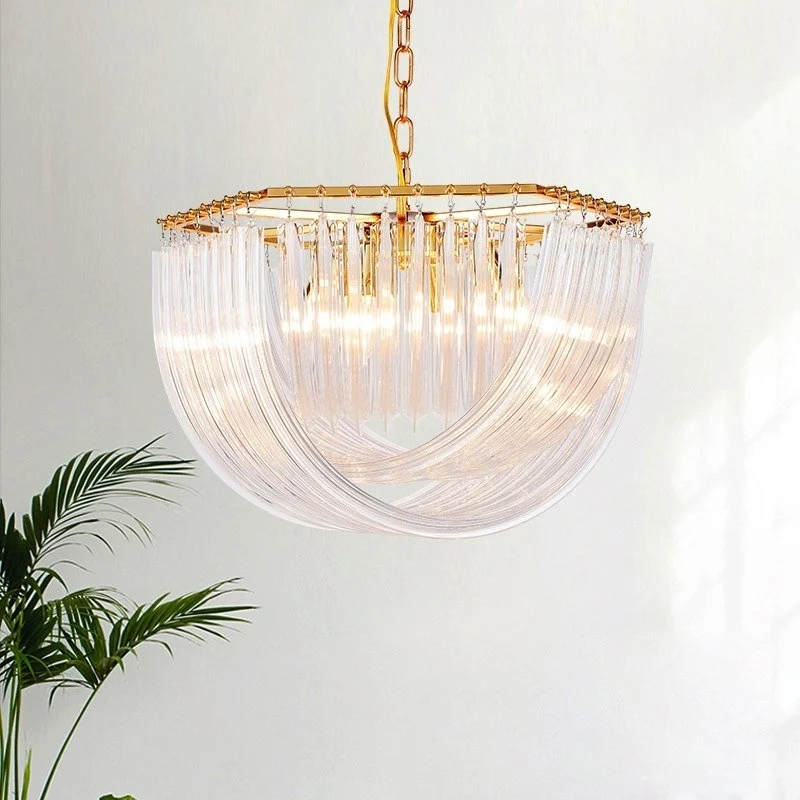 Lustre en forme de dôme, modernisme, prisme incurvé, bande de verre, 4/6 têtes, suspension en laiton, 19.5 "/ 25.5" de lar...