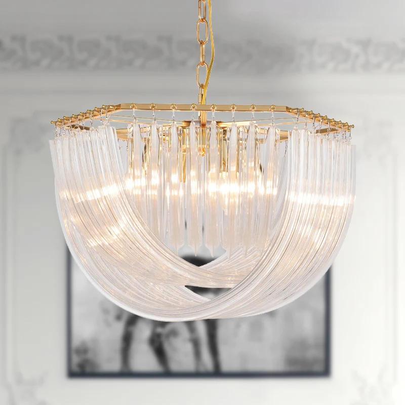 Lustre en forme de dôme, modernisme, prisme incurvé, bande de verre, 4/6 têtes, suspension en laiton, 19.5 "/ 25.5" de lar...