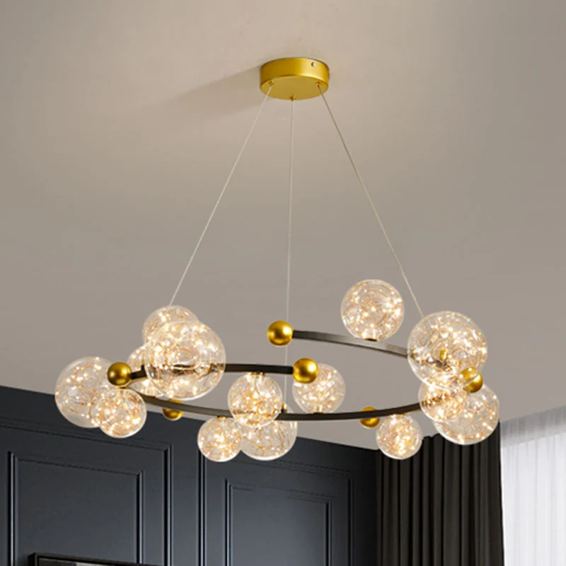 Lustre en forme d'orbe en verre transparent, éclairage LED contemporain avec ficelle lumineuse Clearhalo