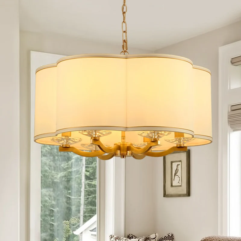 Lustre en forme de gâteau de lune blanc, lampe en tissu traditionnel, 6 lumières suspendues pour salon avec Base en crista...