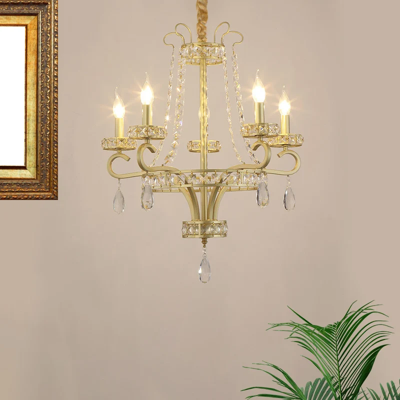 Lustre en forme de larme en cristal, bougie traditionnelle, 5 ampoules, suspension pour salle à manger, dorée Clearhalo