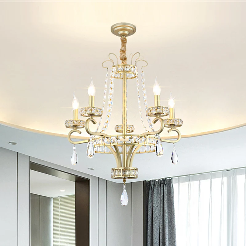 Lustre en forme de larme en cristal, bougie traditionnelle, 5 ampoules, suspension pour salle à manger, dorée Clearhalo