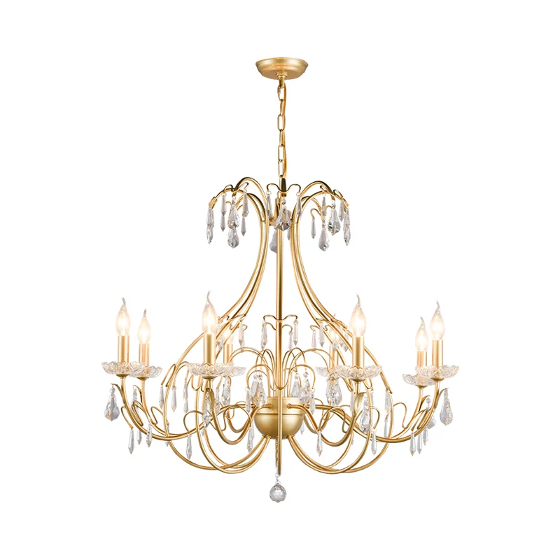 Lustre en forme de larme en laiton, lampe de campagne en métal, 8 ampoules, Kit de suspension de salon avec cristal suspen...