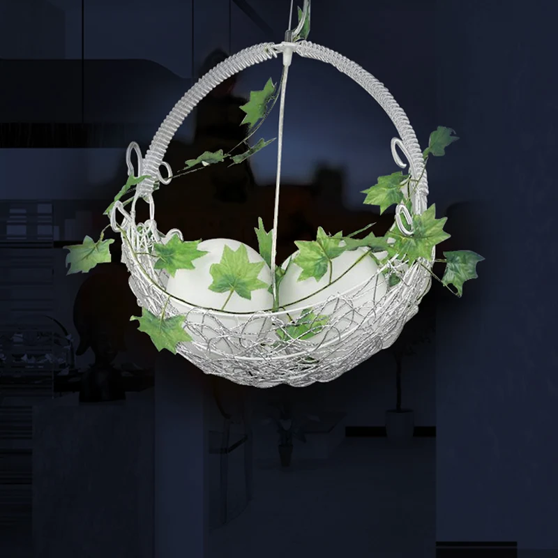 Lustre en forme de panier à 2 ampoules, pendentif en métal blanc pastoral avec abat-jour en verre opale orbe et décor de f...