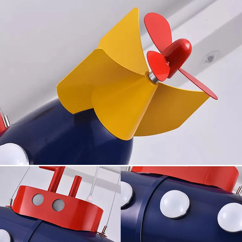 Lustre en forme de sous-marin pour enfants, suspension en métal, finition bleue, pour salle de jeux, maternelle Clearhalo