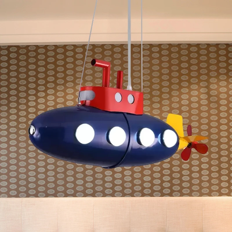 Lustre en forme de sous-marin pour enfants, suspension en métal, finition bleue, pour salle de jeux, maternelle Clearhalo