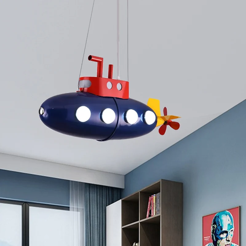 Lustre en forme de sous-marin pour enfants, suspension en métal, finition bleue, pour salle de jeux, maternelle Clearhalo
