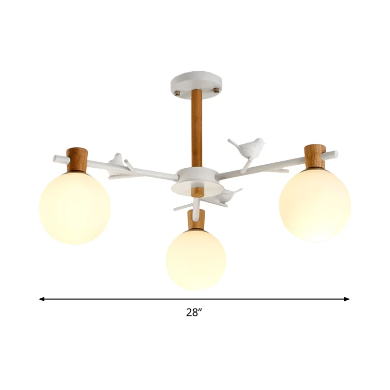 Lustre Globe contemporain en verre blanc, 3 ampoules, luminaire suspendu pour chambre à coucher avec oiseau Clearhalo