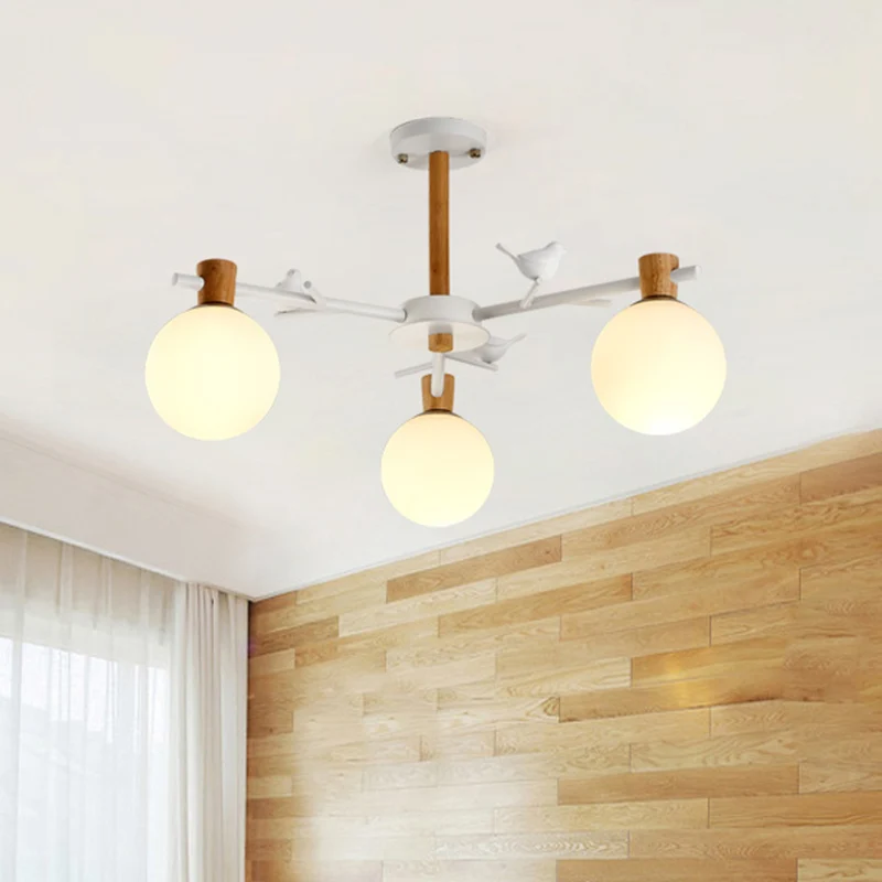 Lustre Globe contemporain en verre blanc, 3 ampoules, luminaire suspendu pour chambre à coucher avec oiseau Clearhalo