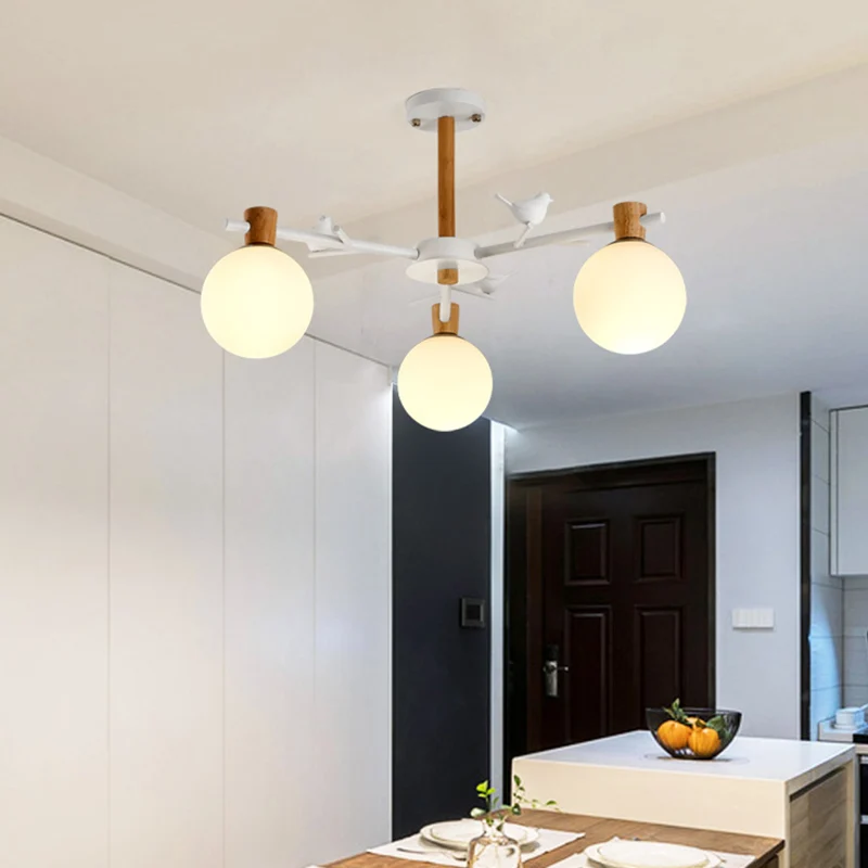 Lustre Globe contemporain en verre blanc, 3 ampoules, luminaire suspendu pour chambre à coucher avec oiseau Clearhalo