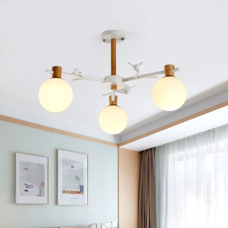 Lustre Globe contemporain en verre blanc, 3 ampoules, luminaire suspendu pour chambre à coucher avec oiseau Clearhalo