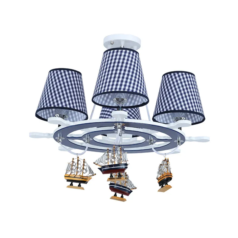 Lustre à gouvernail suspendu en bois pour enfants, lampe suspendue bleue à 4 têtes avec décoration de bateau Clearhalo