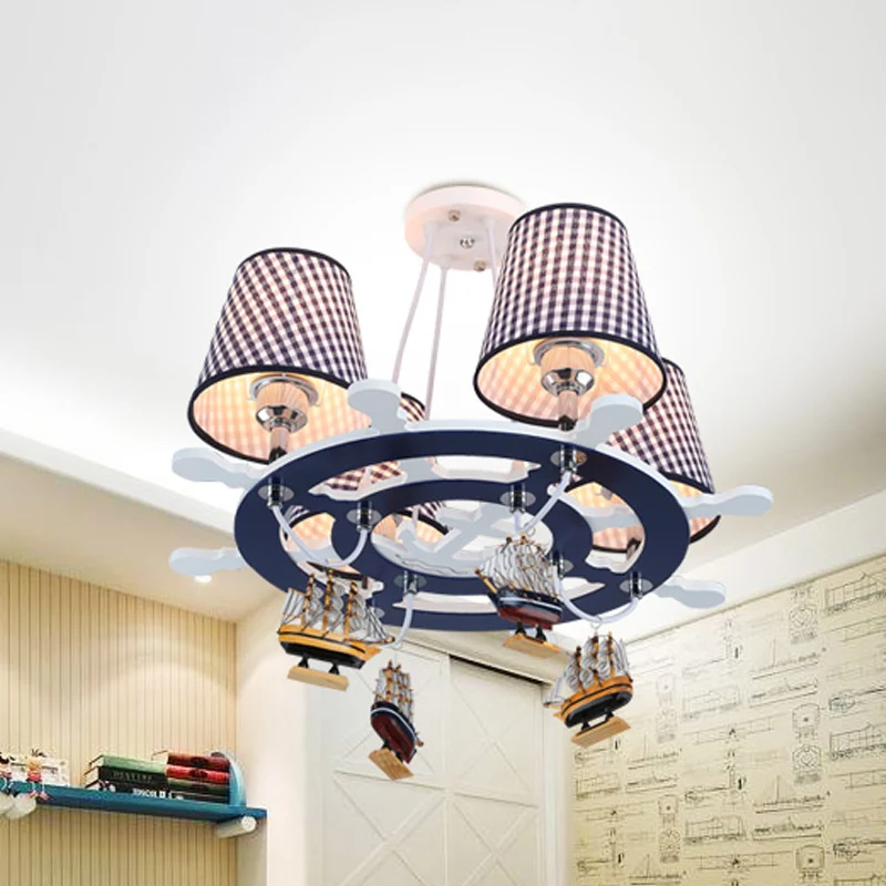 Lustre à gouvernail suspendu en bois pour enfants, lampe suspendue bleue à 4 têtes avec décoration de bateau Clearhalo