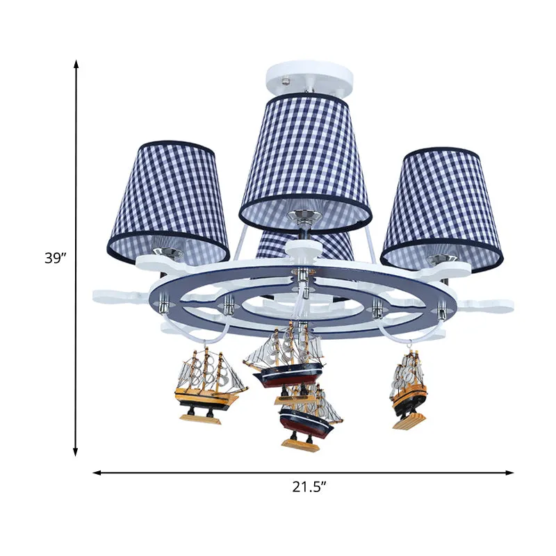 Lustre à gouvernail suspendu en bois pour enfants, lampe suspendue bleue à 4 têtes avec décoration de bateau Clearhalo