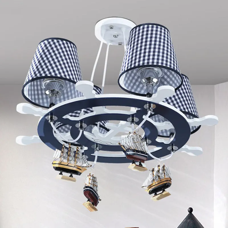 Lustre à gouvernail suspendu en bois pour enfants, lampe suspendue bleue à 4 têtes avec décoration de bateau Clearhalo