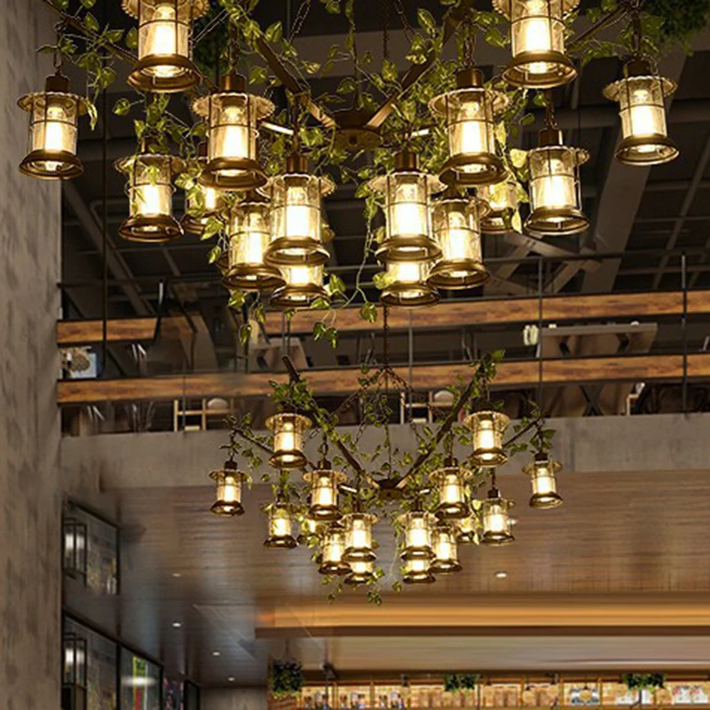 Lustre lanterne de style industriel, suspension en verre transparent noir avec décoration de vigne verte Clearhalo