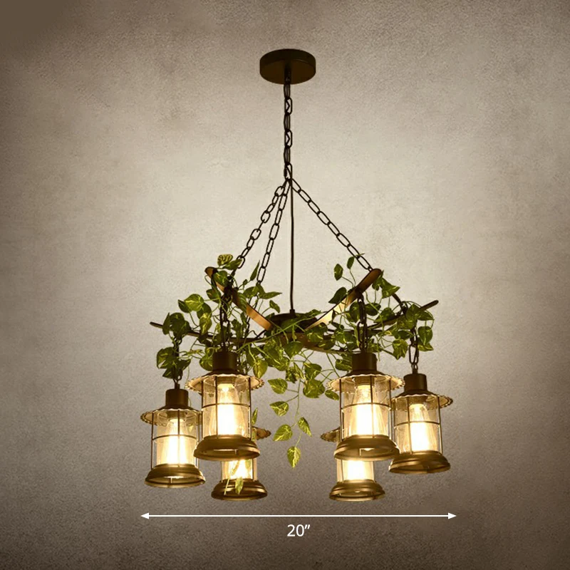 Lustre lanterne de style industriel, suspension en verre transparent noir avec décoration de vigne verte Clearhalo