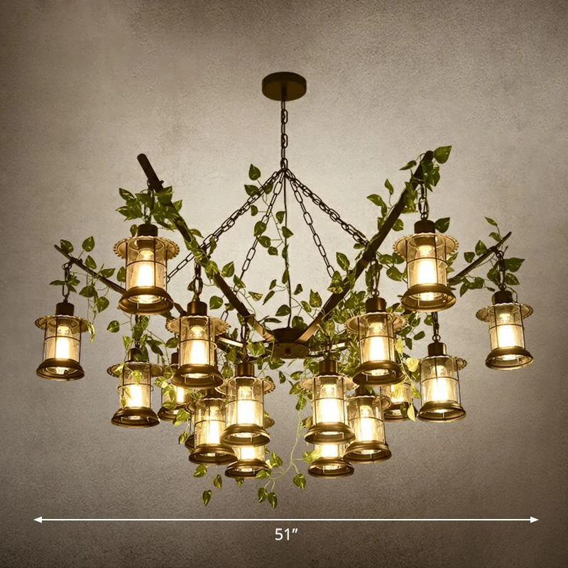 Lustre lanterne de style industriel, suspension en verre transparent noir avec décoration de vigne verte Clearhalo