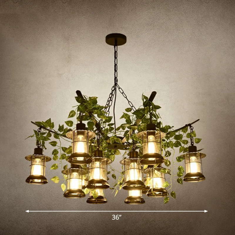 Lustre lanterne de style industriel, suspension en verre transparent noir avec décoration de vigne verte Clearhalo