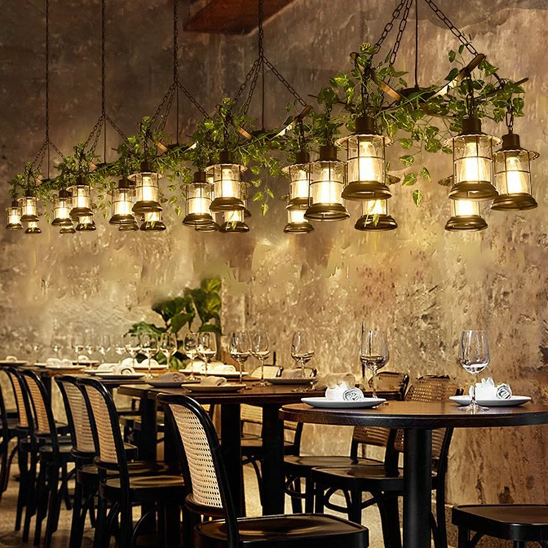 Lustre lanterne de style industriel, suspension en verre transparent noir avec décoration de vigne verte Clearhalo