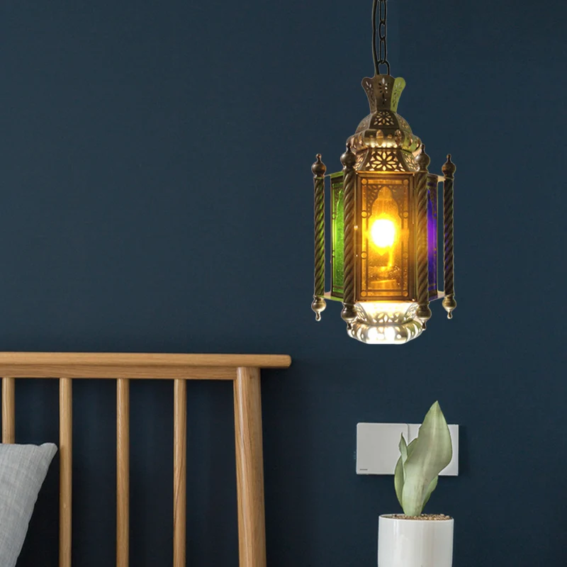 Lustre lanterne à 2 têtes, Kit de lampe suspendue métallique, finition en laiton arabe, avec abat-jour en verre multicolor...