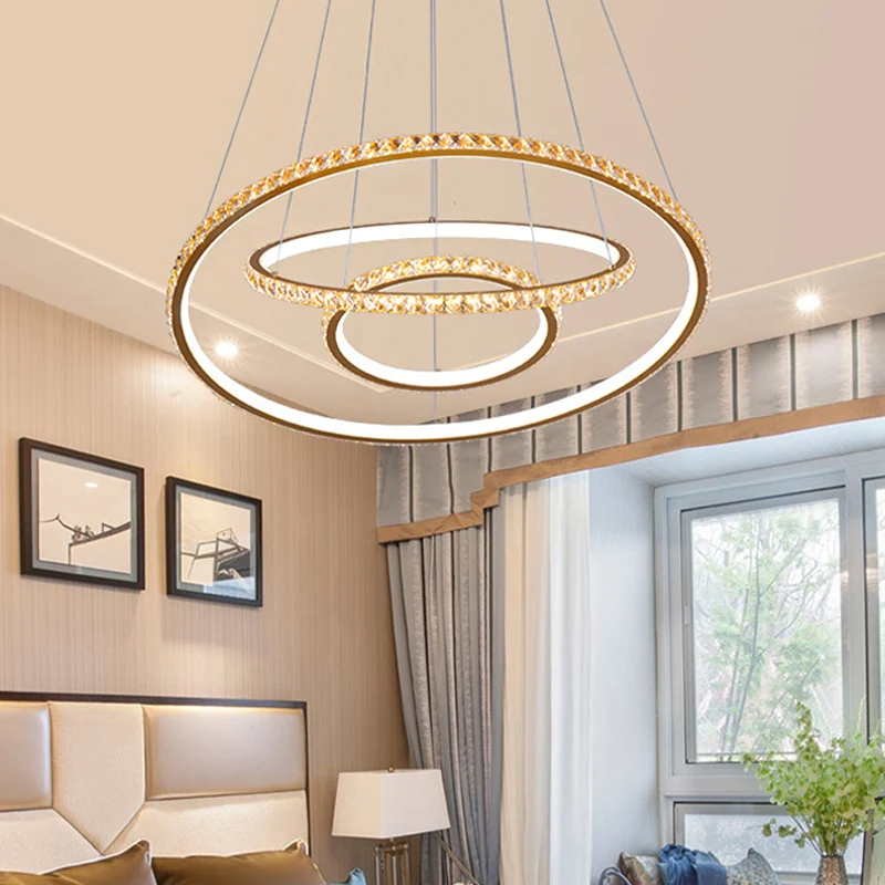 Lustre LED à 3 anneaux, plafonnier moderne en cristal doré/argenté, intérieur chaud et extérieur blanc/intérieur blanc et...