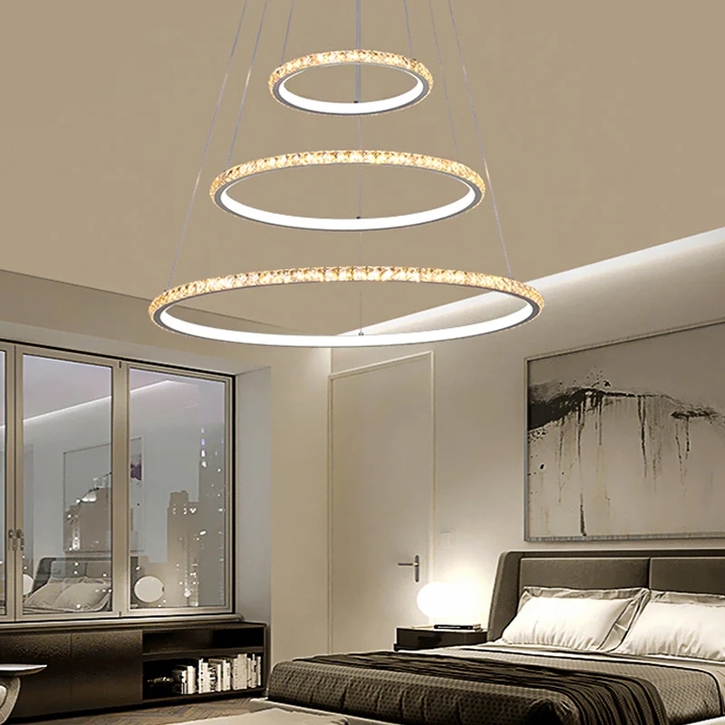 Lustre LED à 3 anneaux, plafonnier moderne en cristal doré/argenté, intérieur chaud et extérieur blanc/intérieur blanc et...