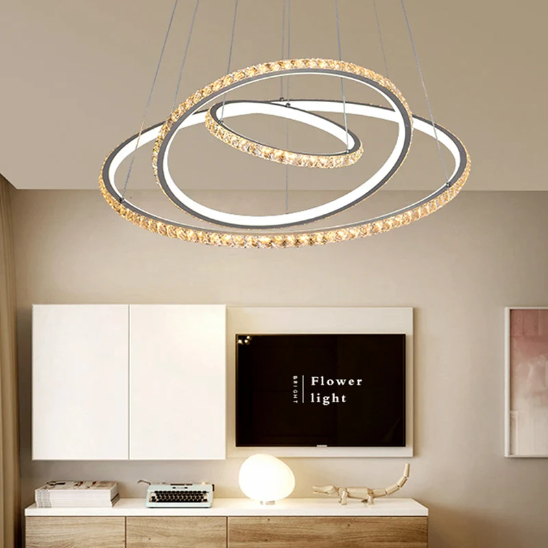 Lustre LED à 3 anneaux, plafonnier moderne en cristal doré/argenté, intérieur chaud et extérieur blanc/intérieur blanc et...