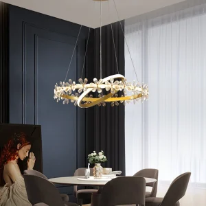 Lustre LED en cristal minimaliste avec anneau en métal, finition dorée Clearhalo