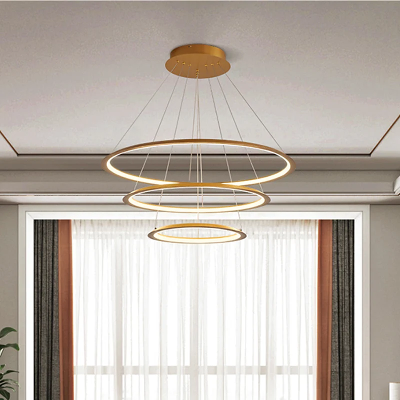 Lustre LED en forme de cerceau mince à 3/4 niveaux, éclairage Simple en aluminium pour salon, couleur or/café Clearhalo