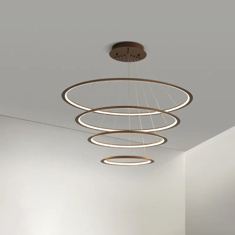 Lustre LED en forme de cerceau mince à 3/4 niveaux, éclairage Simple en aluminium pour salon, couleur or/café Clearhalo