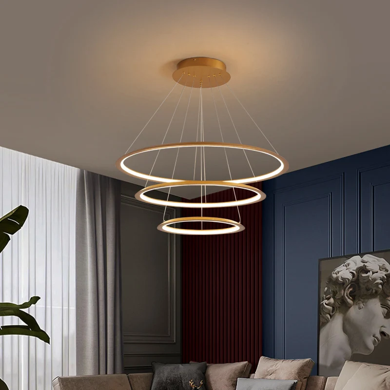 Lustre LED en forme de cerceau mince à 3/4 niveaux, éclairage Simple en aluminium pour salon, couleur or/café Clearhalo