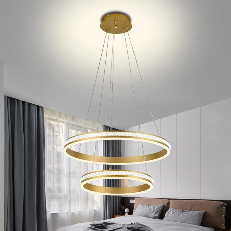 Lustre LED à 2 niveaux de 16 "+ 24" de diamètre, en aluminium doré, suspension avec rayures en diamant, abat-jour en acryl...