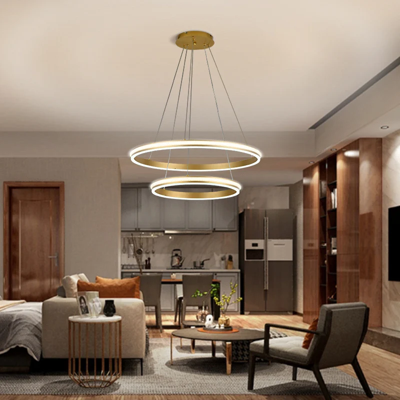 Lustre LED à 2 niveaux de 16 "+ 24" de diamètre, en aluminium doré, suspension avec rayures en diamant, abat-jour en acryl...