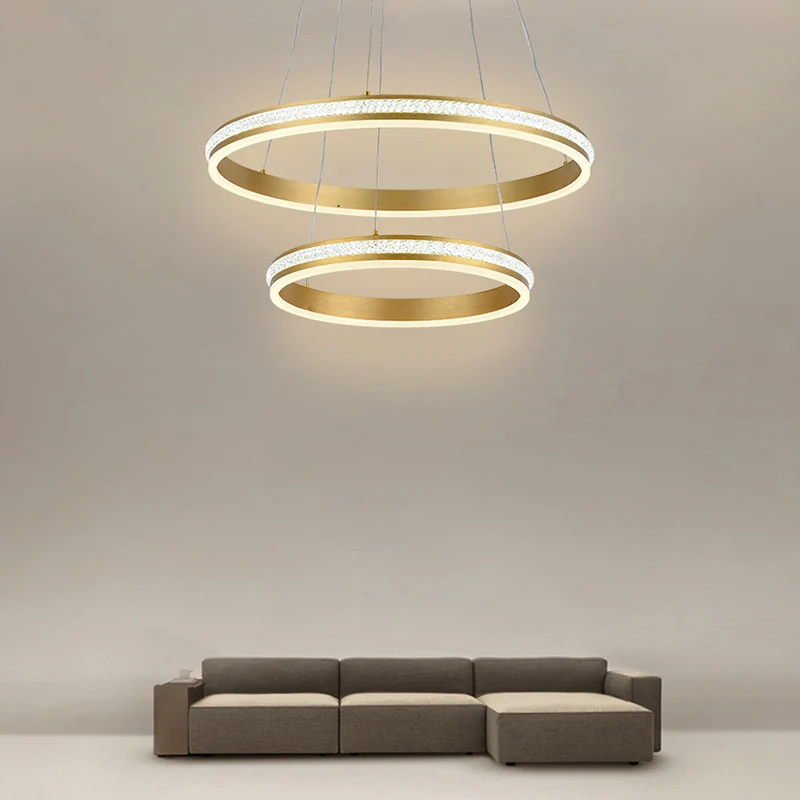 Lustre LED à 2 niveaux de 16 "+ 24" de diamètre, en aluminium doré, suspension avec rayures en diamant, abat-jour en acryl...