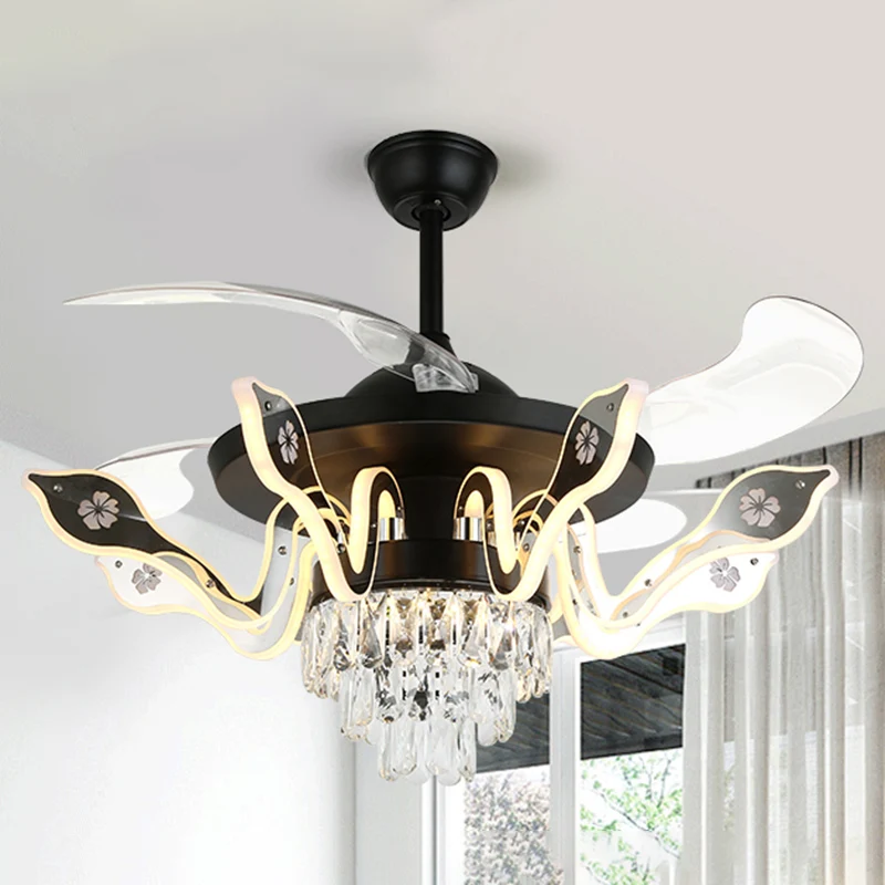 Lustre LED semi-affleurant à bras incurvé de 42 pouces de large, lampe de ventilateur de plafond en métal de Luxe moderne...