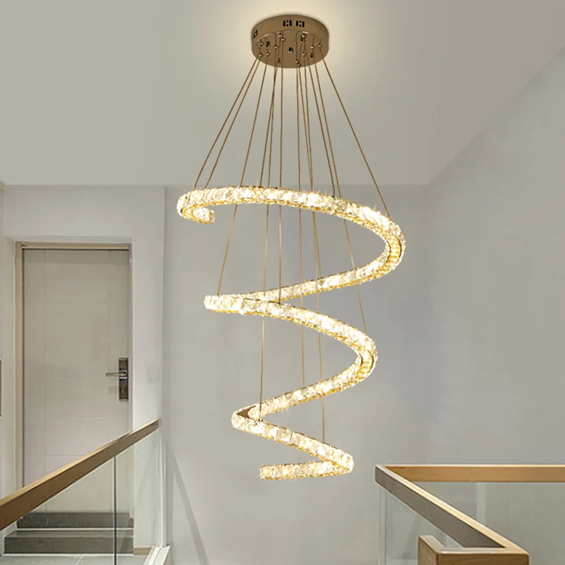 Lustre LED suspendu en spirale à 4 niveaux en blocs de cristal transparent, éclairage de salon contemporain en acier inoxy...