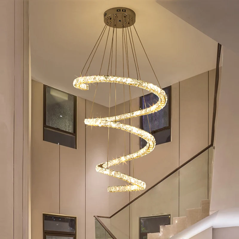 Lustre LED suspendu en spirale à 4 niveaux en blocs de cristal transparent, éclairage de salon contemporain en acier inoxy...