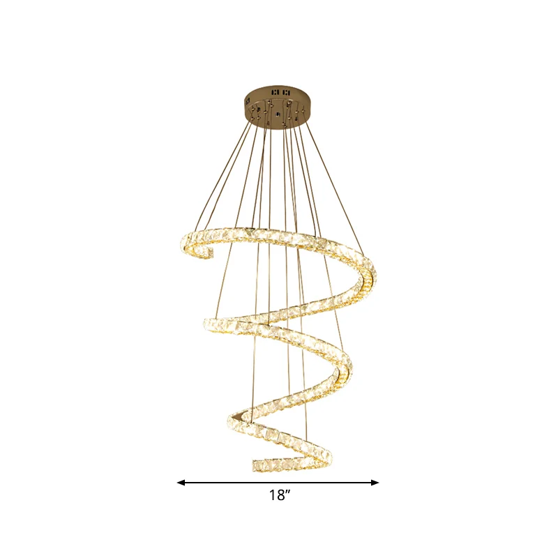 Lustre LED suspendu en spirale à 4 niveaux en blocs de cristal transparent, éclairage de salon contemporain en acier inoxy...