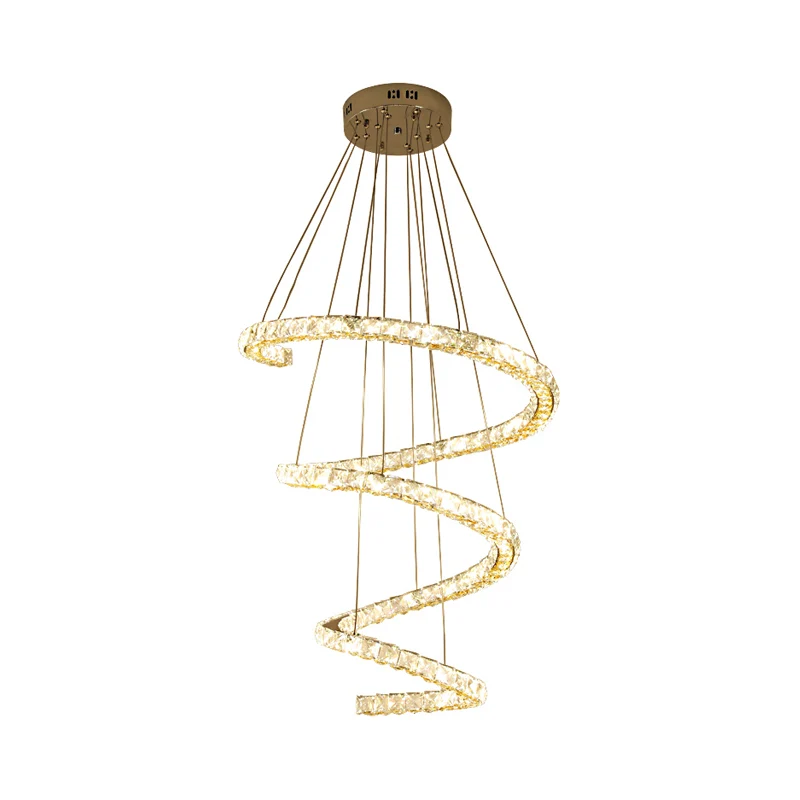 Lustre LED suspendu en spirale à 4 niveaux en blocs de cristal transparent, éclairage de salon contemporain en acier inoxy...