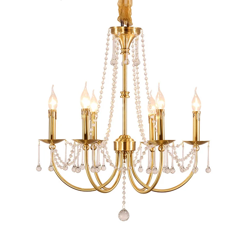 Lustre à 6 lumières, éclairage suspendu traditionnel à bras courbé en cristal, doré Clearhalo